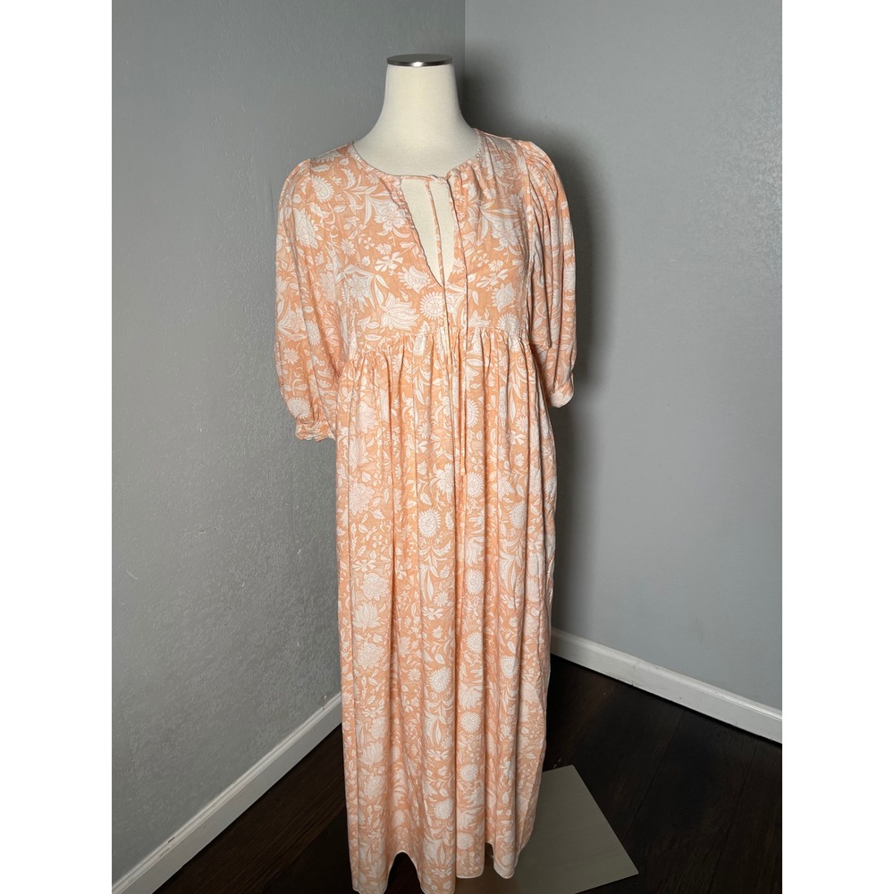 Peach Floral Maxi Dress Medium Puff Sleeve Empire Waist Boho